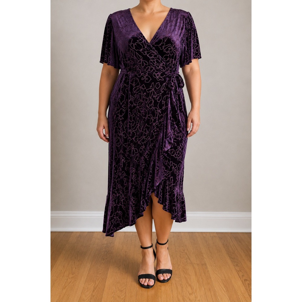 Velvet Midi Wrap Dress 16W Purple Stretch Ruffle Asymmetric Hem Cocktail Party